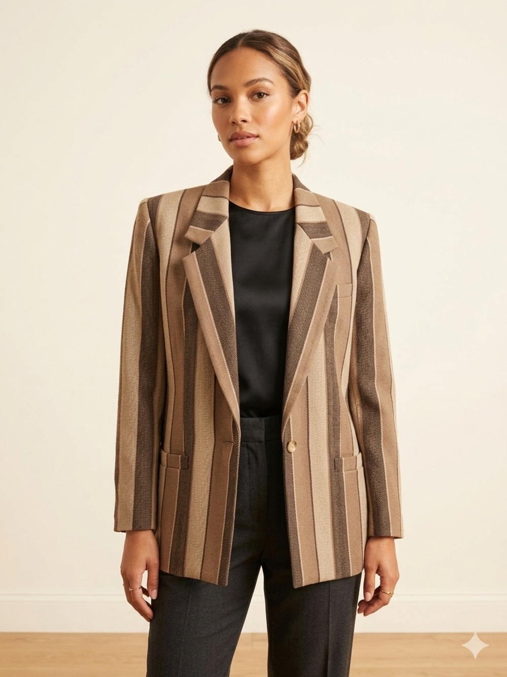 Vintage 90s Stirling Cooper London NY 100% Wool Striped Herringbone Blazer Brown - Picture 13 of 13